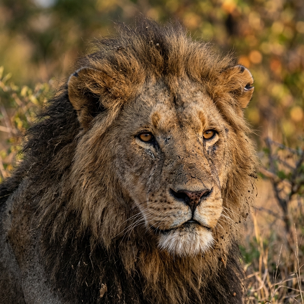 A male lion looks straight at the camera in warm evening light, his mane dark at the roots, a notch in his left ear